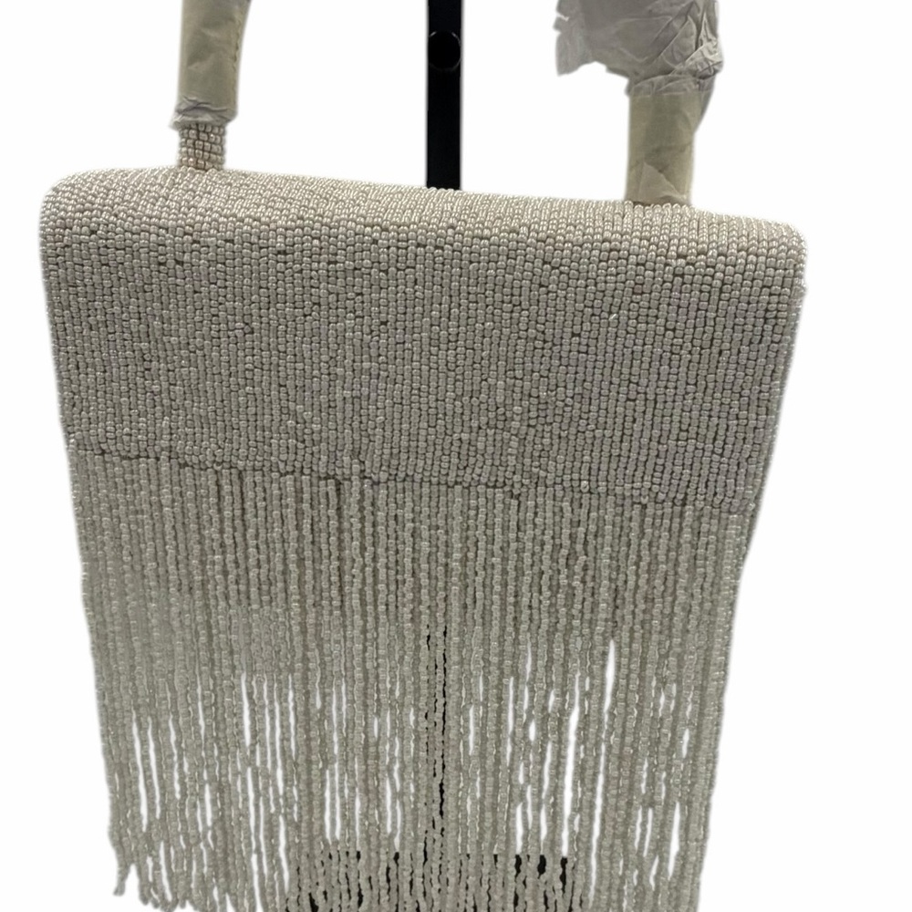 Anthropologie Ivory Beaded Fringe Top-Handle Clutch - Picture 4 of 6